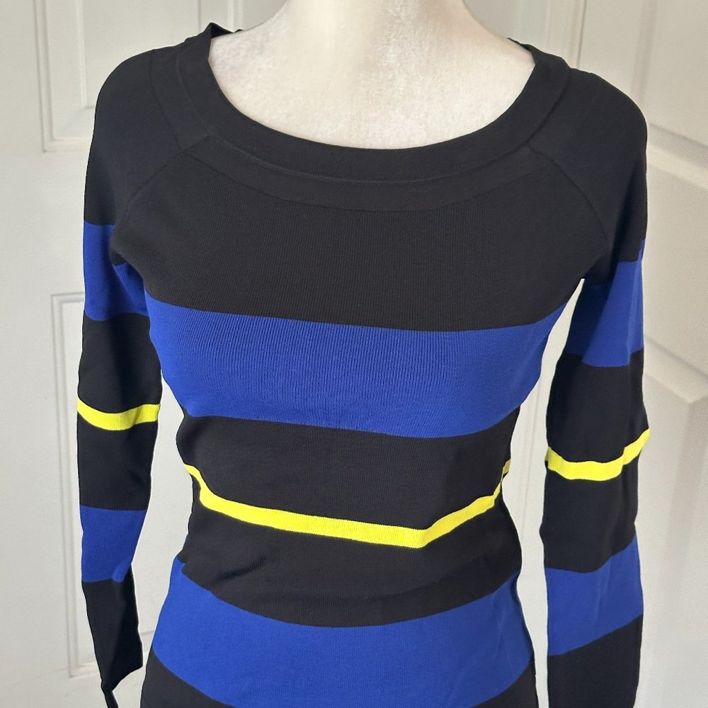 NWT INC Petite Medium Black Blue Yellow Stripe Knit Sweater Top